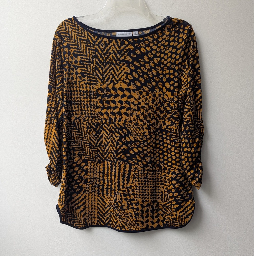 Susan Graver Top 3/4 Sleeve Yellow Navy Mixed Print Liquid Knit Boat Neck Sz S